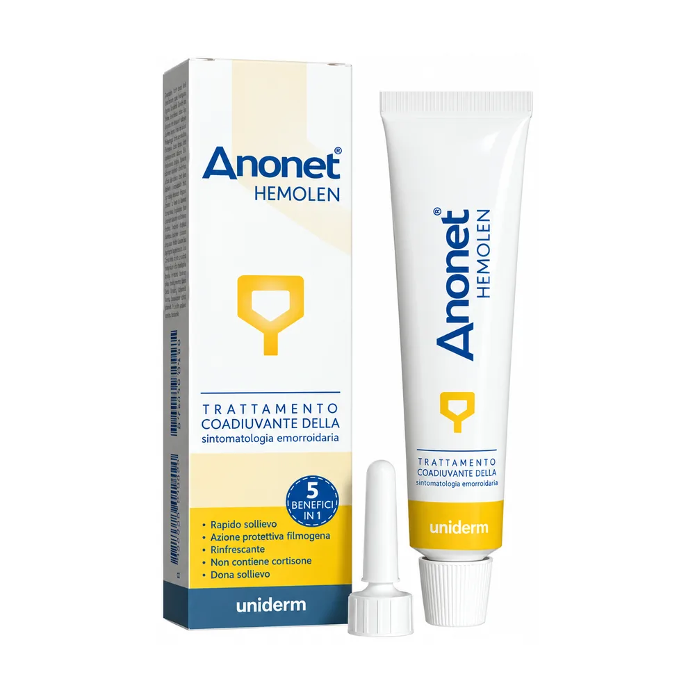 Anonet Plus 30 g, tubo di crema emolliente lenitiva Uniderm con applicatore.
