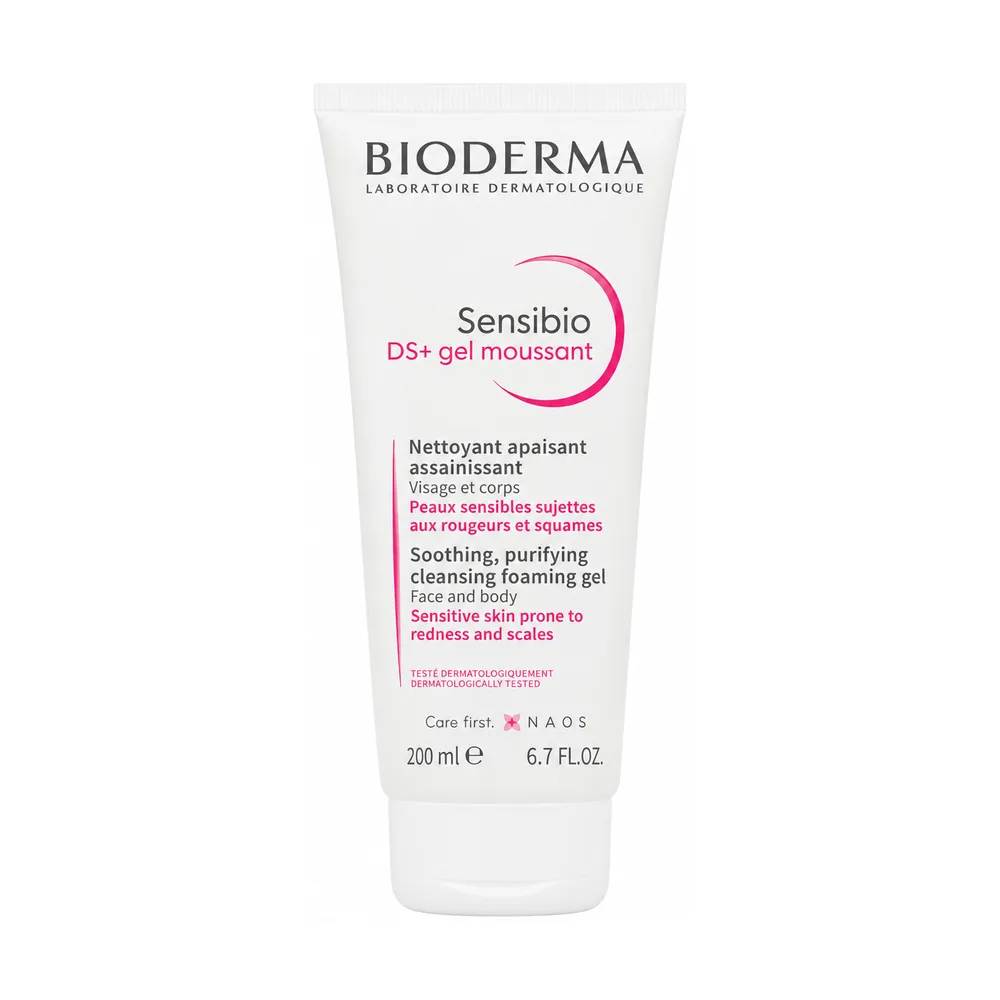 Tubo di Bioderma Sensibio DS+ Gel Moussant 200 ml, detergente viso.