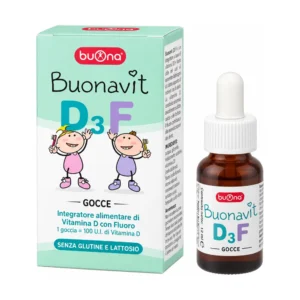 Flacone di Buonavit D3F gocce 12 ml, integratore Buona di vitamina D3 e fluoro con contagocce.