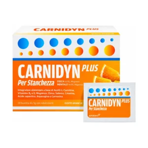 Carnidyn Plus 20 bustine da 5 g gusto arancia, integratore con creatina e carnitina.