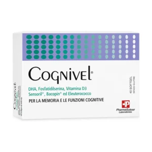 Cognivel Pharmasuisse 40 softgel, integratore con DHA, fosfatidilserina, Bacopa e Ashwagandha per memoria e funzioni cognitive.