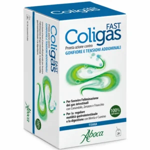 Confezione di ColiGas Fast Tisana 20 bustine Aboca, integratore con finocchio e zenzero che favorisce l'eliminazione dei gas intestinali
