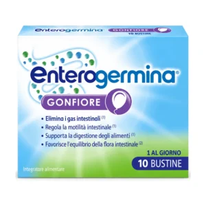 Astuccio di Enterogermina Gonfiore 10 bustine con estratti di menta e coriandolo e fermenti lattici.