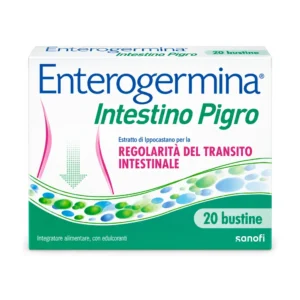 Astuccio di Enterogermina Intestino Pigro 20 bustine con ippocastano, ibisco, psillio e opuntia.