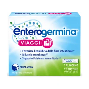 Astuccio di Enterogermina Viaggi 12 bustine orosolubili con Saccharomyces boulardii e vitamine.