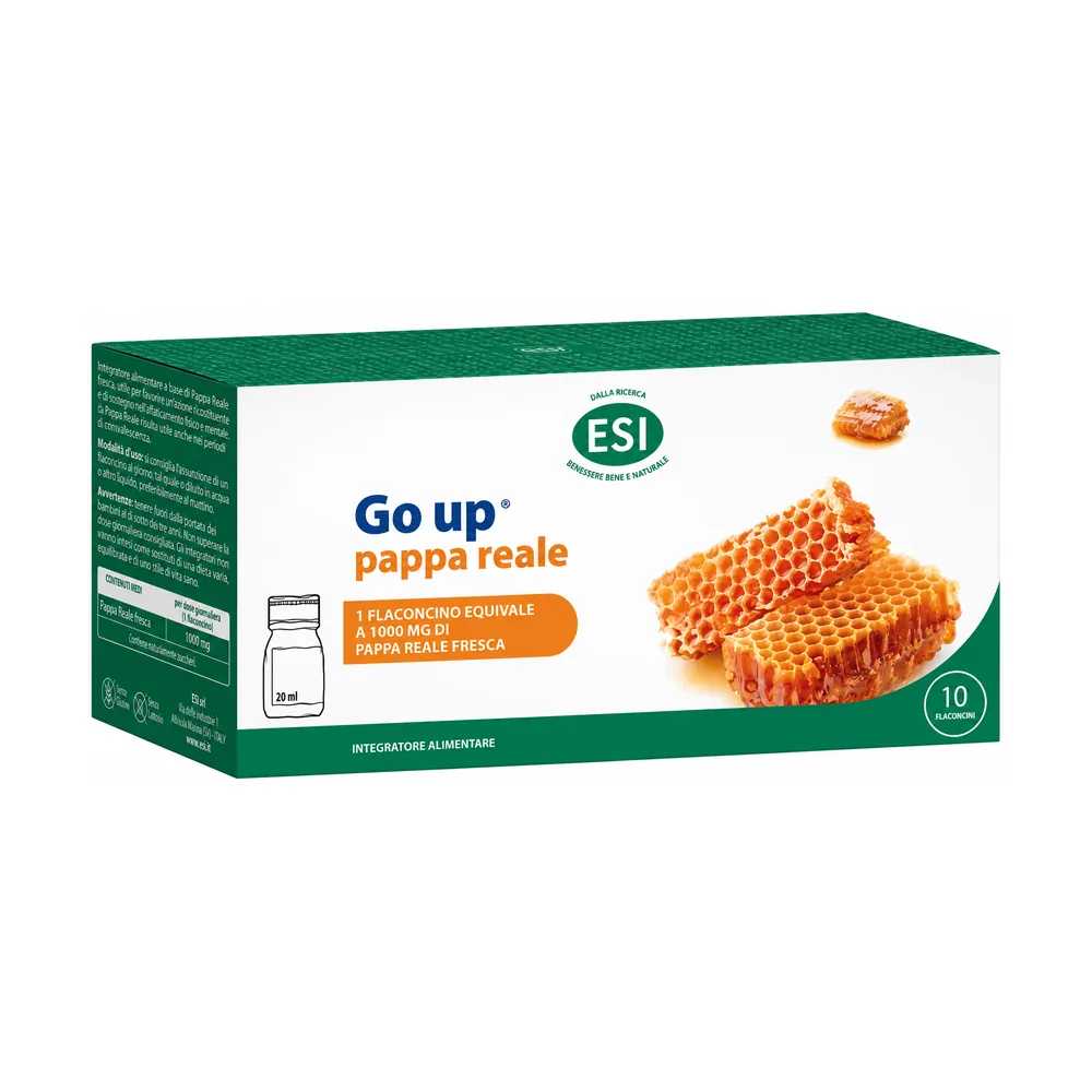 Go Up Pappa Reale ESI, 10 flaconcini da 30 ml con pappa reale liofilizzata.