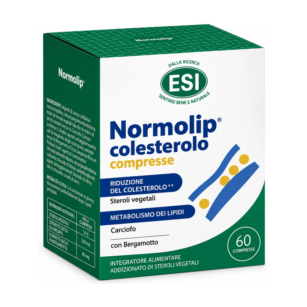 Astuccio di ESI Normolip Colesterolo 60 compresse con steroli vegetali, bergamotto e carciofo.
