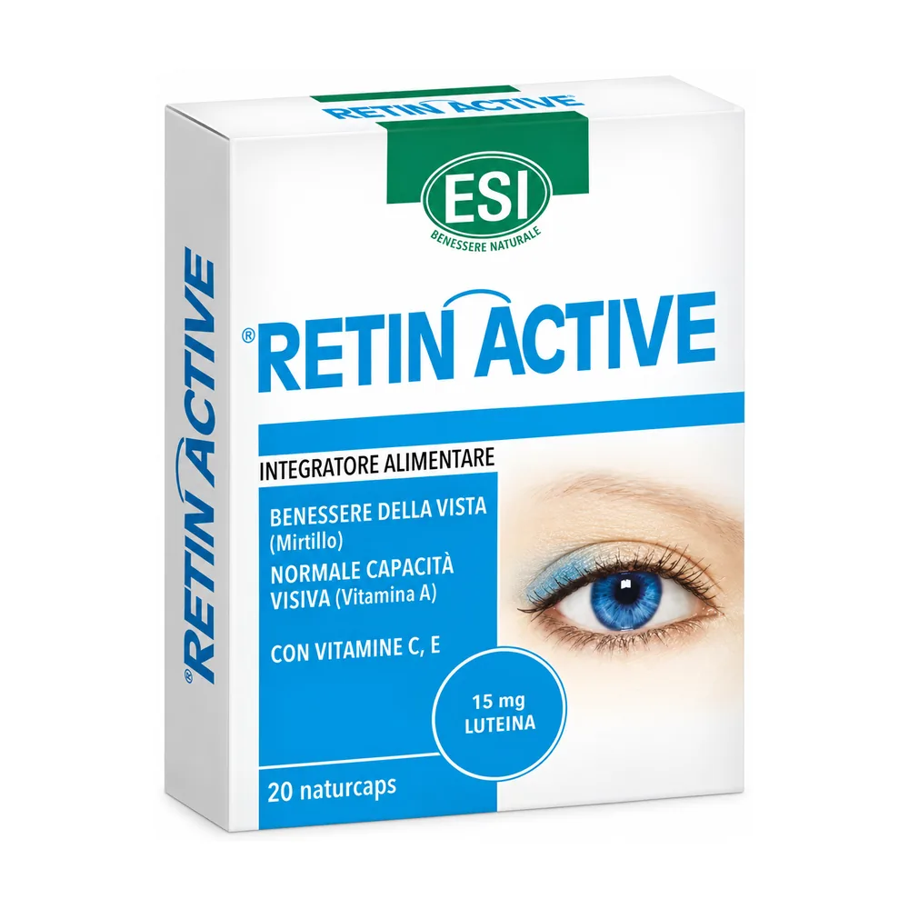 Astuccio di ESI Retin Active 20 capsule con luteina, zeaxantina, mirtillo e vitamine A, C ed E.