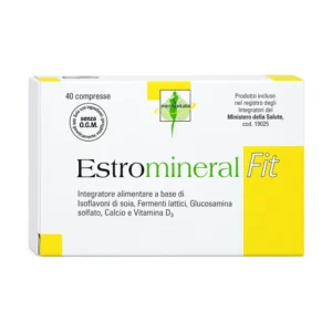 Astuccio di Estromineral Fit 40 compresse con isoflavoni di soia, glucosamina, calcio e vitamina D3.