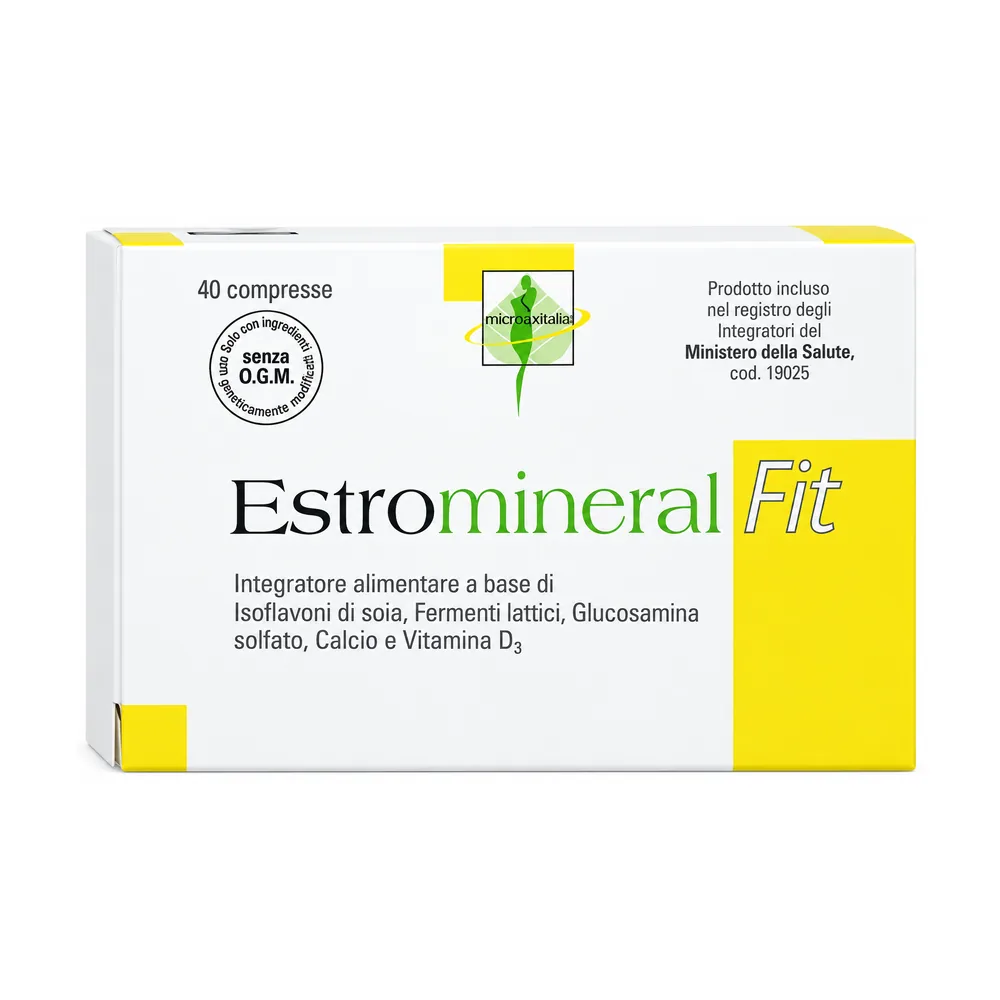 Astuccio di Estromineral Fit 40 compresse con isoflavoni di soia, glucosamina, calcio e vitamina D3.