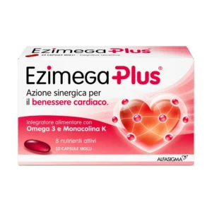 Ezimega Plus 20 capsule molli, integratore Alfasigma con omega-3, riso rosso fermentato e vitamine B.
