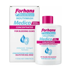 Forhans Medico Collutorio concentrato, flacone da 75 ml con zinco cloruro.