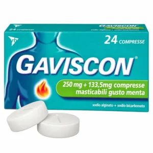 Confezione di Gaviscon Menta 250 mg + 133,5 mg da 24 compresse masticabili