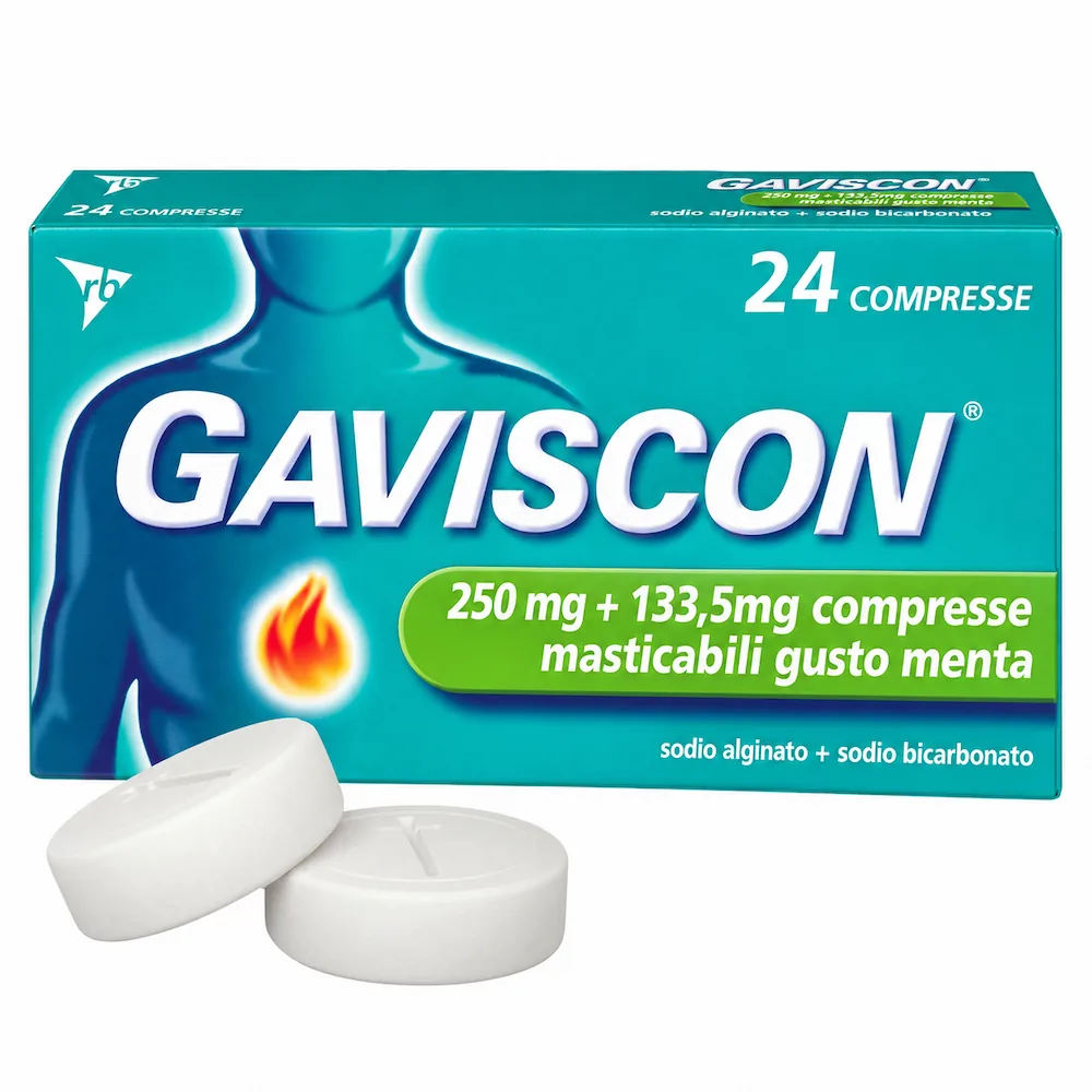 Confezione di Gaviscon Menta 250 mg + 133,5 mg da 24 compresse masticabili