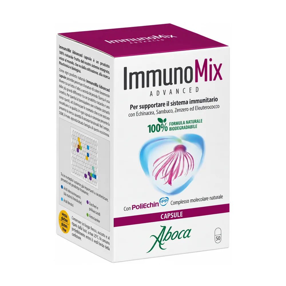 ImmunoMix Advanced 50 capsule Aboca, integratore con echinacea, sambuco, zenzero ed eleuterococco.