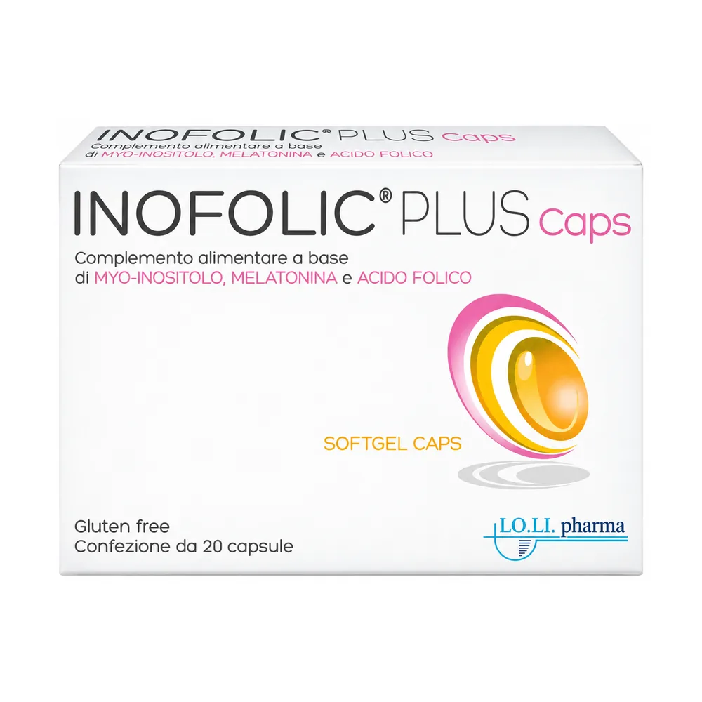 Inofolic Plus 20 Capsule, complemento alimentare con myo-inositolo, melatonina e acido folico.