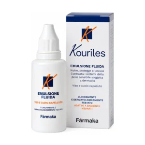 Flacone di Kouriles Emulsione Fluida 30 ml per viso e cuoio capelluto.