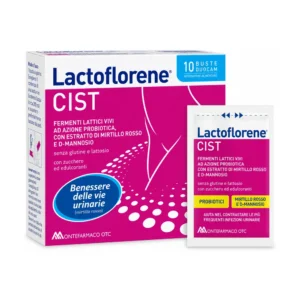 Lactoflorene Cist 10 bustine, integratore con fermenti lattici, mirtillo rosso e D-mannosio per le vie urinarie.