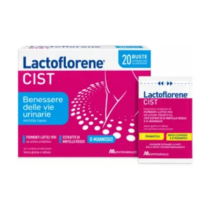 Lactoflorene Cist 20 Bustine DuoCam, integratore con mirtillo rosso, D-mannosio e fermenti lattici.