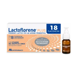 Lactoflorene Plus 18 flaconcini, integratore di fermenti lattici vivi con zinco e vitamine B e tappo separatore.
