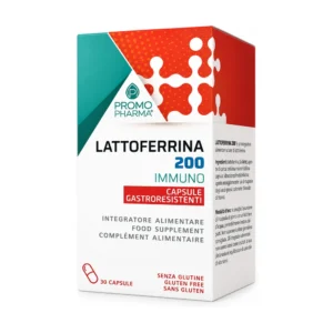 Lattoferrina 200 Immuno PromoPharma, astuccio da 30 capsule con 200 mg di lattoferrina.