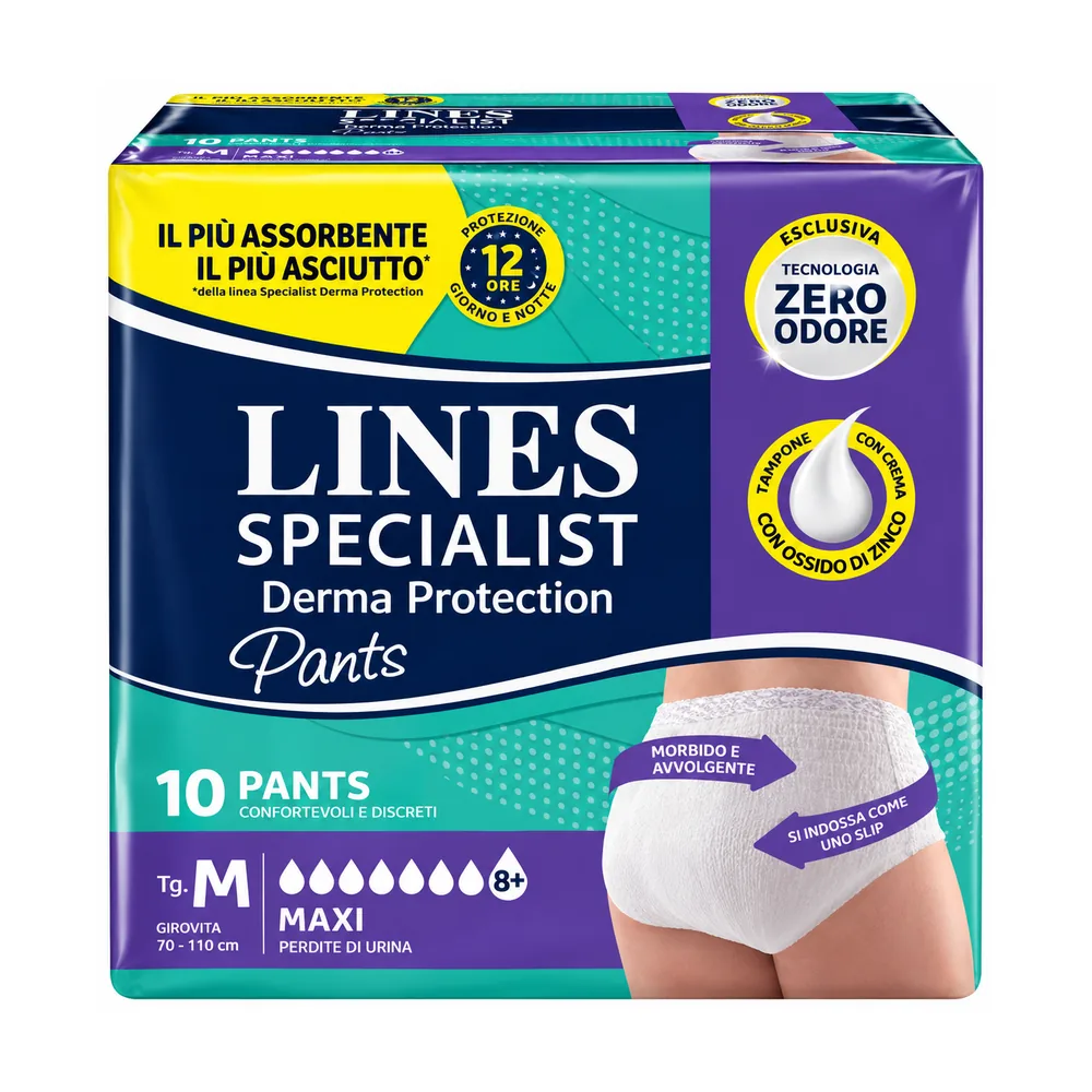Confezione da 10 pezzi di Lines Specialist Dermo Pants Maxi taglia M, mutandina assorbente unisex.