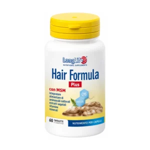 Longlife Hair Formula Plus 60 tavolette, barattolo di integratore con MSM per capelli e unghie.