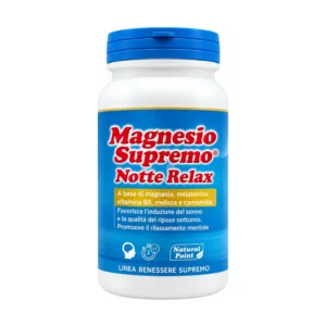 Magnesio Supremo Notte Relax 150 g, integratore in polvere con magnesio, melatonina, camomilla e melissa.