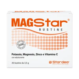 Confezione di Magstar da 20 bustine con magnesio citrato, potassio, zinco e vitamina C.