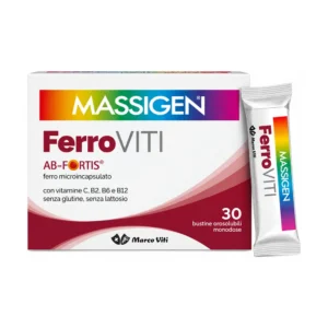 Massigen FerroViti 30 bustine orosolubili, integratore di ferro con vitamina C e vitamine B.