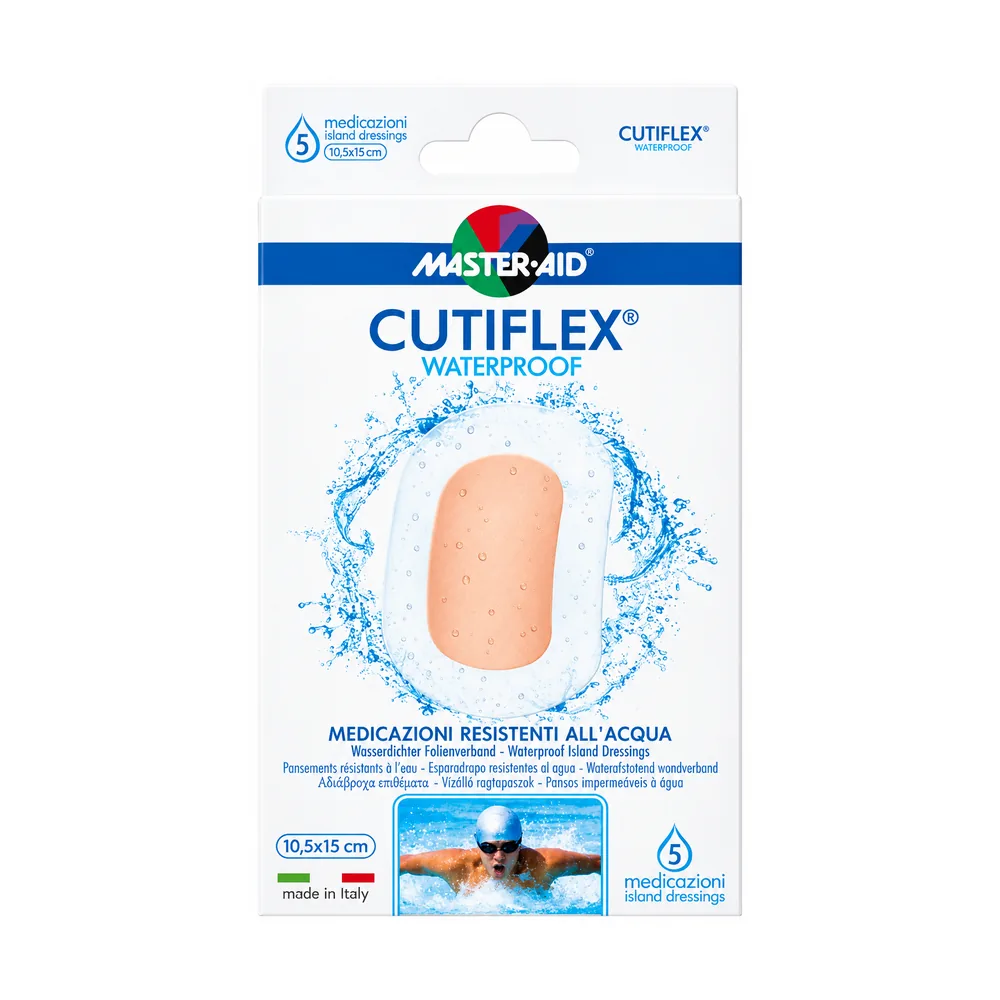 Confezione da 5 pezzi di Master Aid Cutiflexmed 7x5 cm, medicazione trasparente impermeabile.