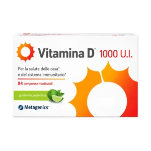 Confezione di Metagenics Vitamina D 1000 UI da 84 compresse masticabili gusto lime.
