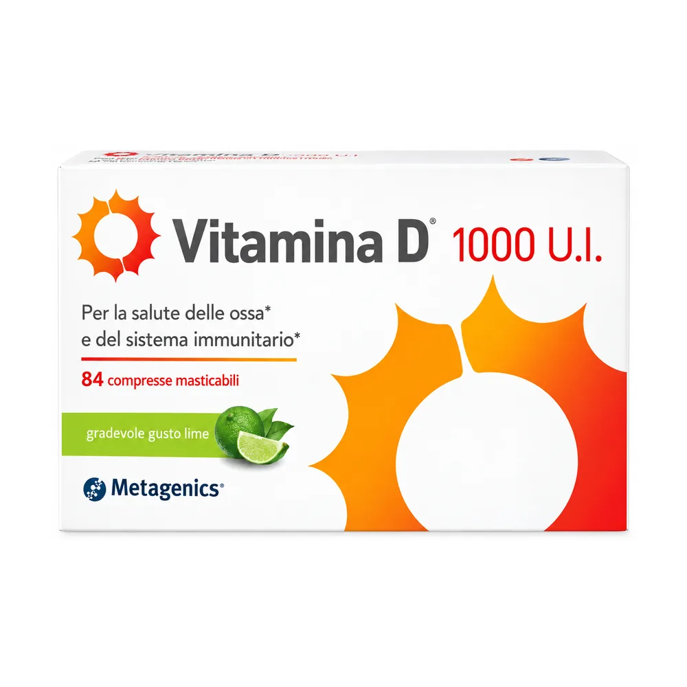 Confezione di Metagenics Vitamina D 1000 UI da 84 compresse masticabili gusto lime.