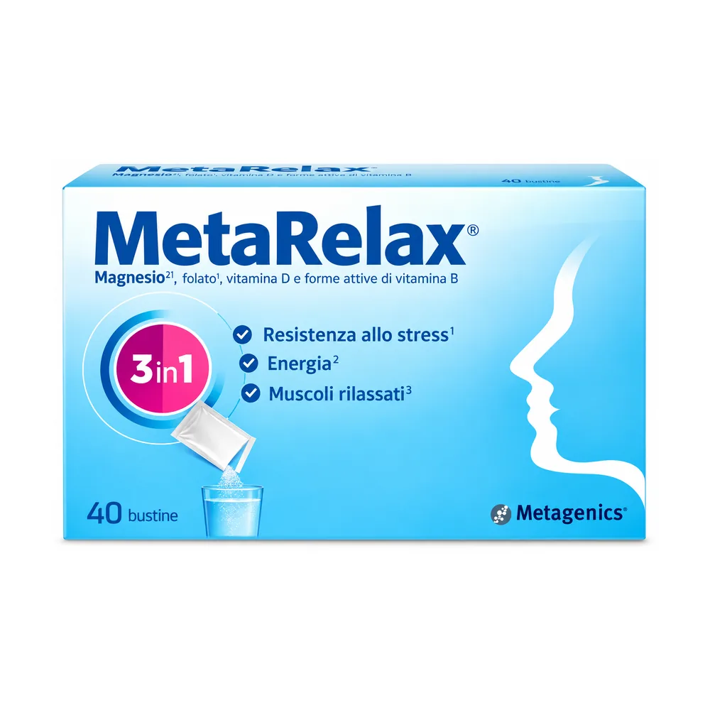 Confezione da 40 bustine di Metarelax New con magnesio, taurina e vitamine del gruppo B.
