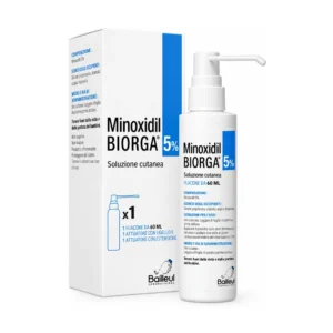 Minoxidil Biorga 5% soluzione cutanea, flacone da 60 ml con attuatore spray e applicatore.
