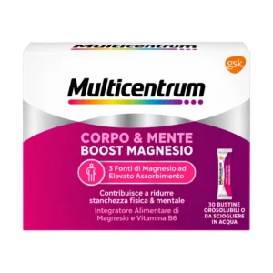 Multicentrum Boost Magnesio 30 bustine orosolubili, integratore di magnesio e vitamina B6.
