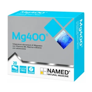 Confezione di Named MG400 magnesio in polvere da 20 bustine gusto limone.