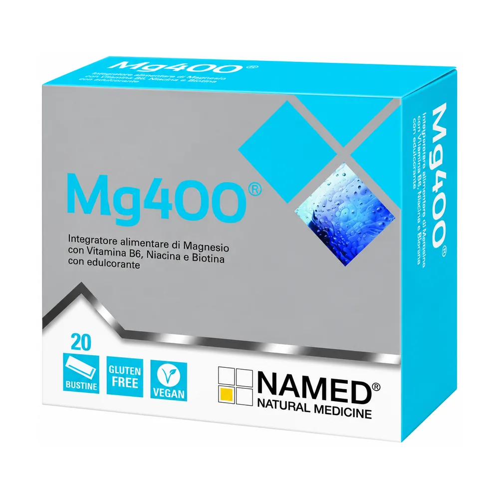 Confezione di Named MG400 magnesio in polvere da 20 bustine gusto limone.