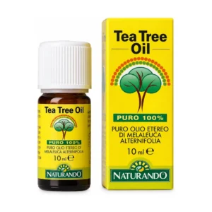 Flaconcino da 10 ml di Naturando Tea Tree Oil, olio essenziale puro di Melaleuca alternifolia.