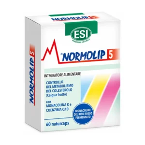Astuccio di Normolip 5 60 naturcaps con caigua, riso rosso fermentato, coenzima Q10 e cromo.