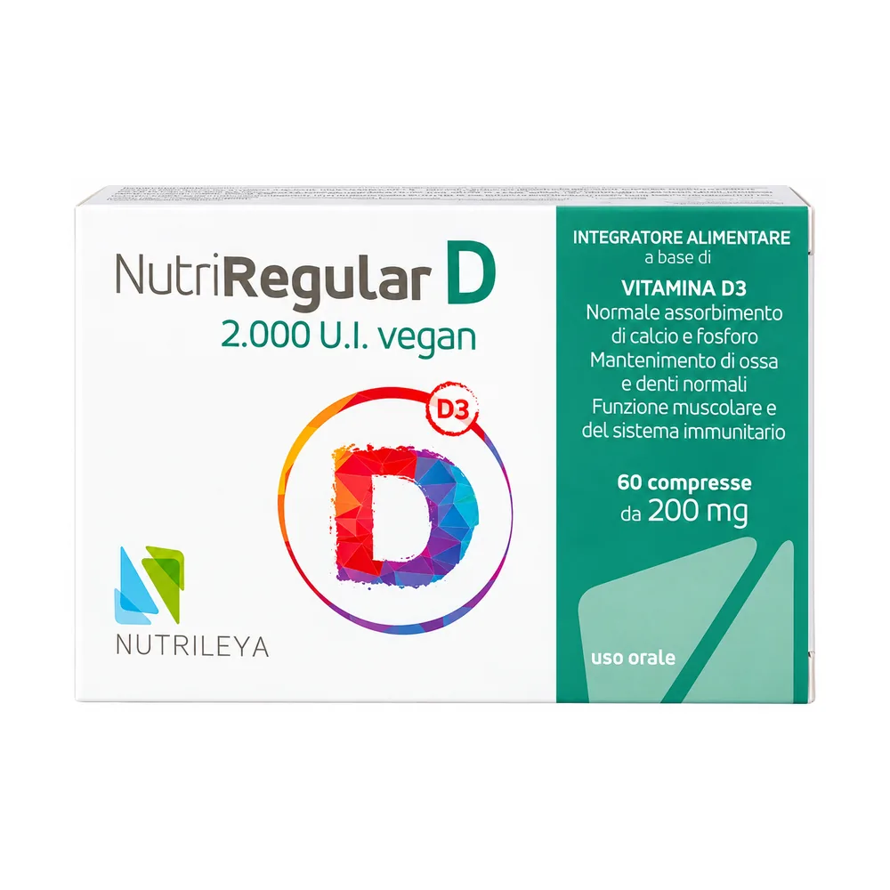Nutriregular D 2000 UI di Nutrileya, 60 compresse orodispersibili di vitamina D3.