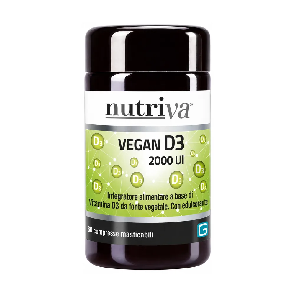 Nutriva Vegan D3 2000 UI, flacone da 60 compresse masticabili di vitamina D3 vegetale.