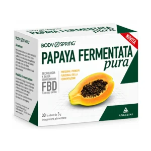 Papaya Fermentata Pura Body Spring, astuccio da 30 bustine di papaya fermentata in polvere.
