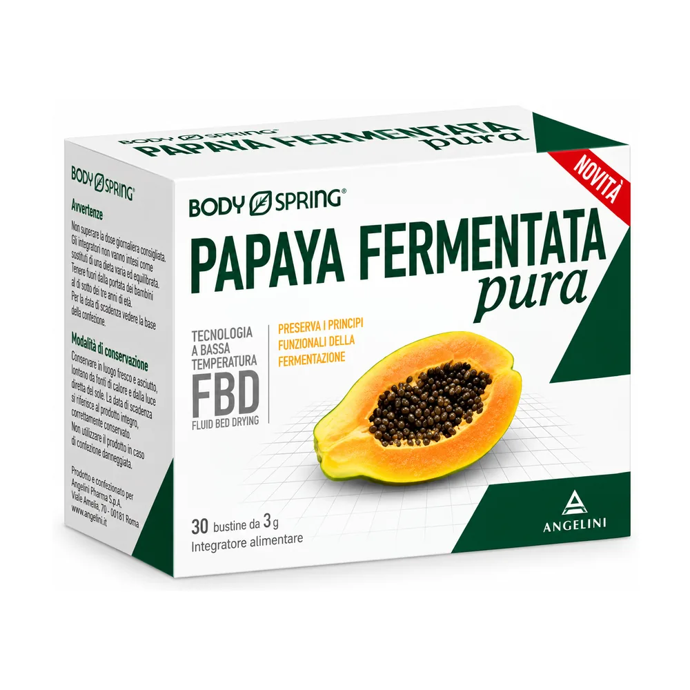 Papaya Fermentata Pura Body Spring, astuccio da 30 bustine di papaya fermentata in polvere.
