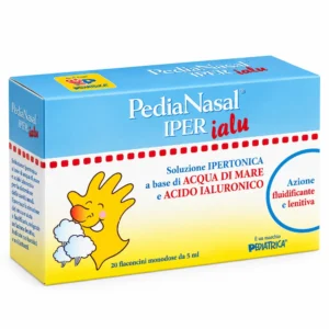 Astuccio di Pedianasal Iper Ialu Pediatrica con 20 flaconcini monodose da 5 ml per lavaggi nasali.