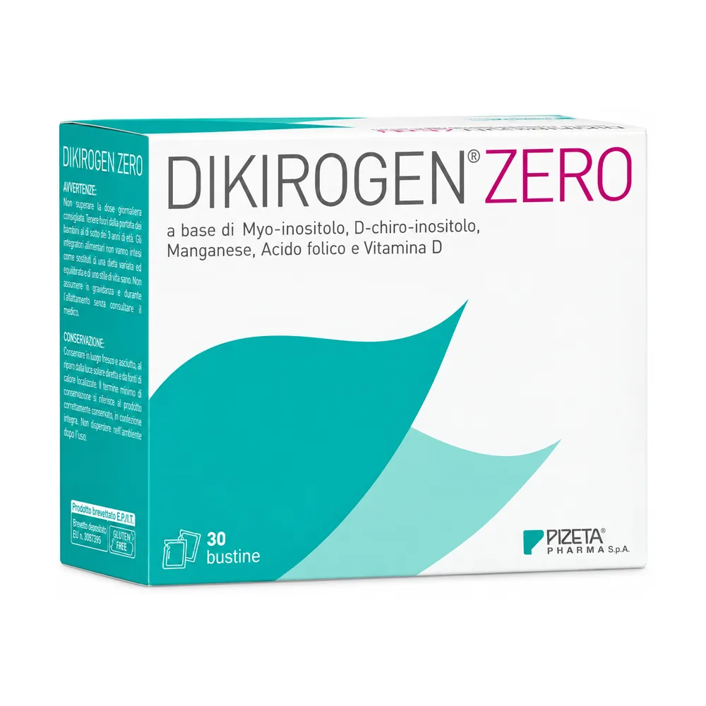 Confezione da 30 bustine di Dikirogen Zero con myo-inositolo, D-chiro-inositolo, manganese, acido folico e vitamina D.