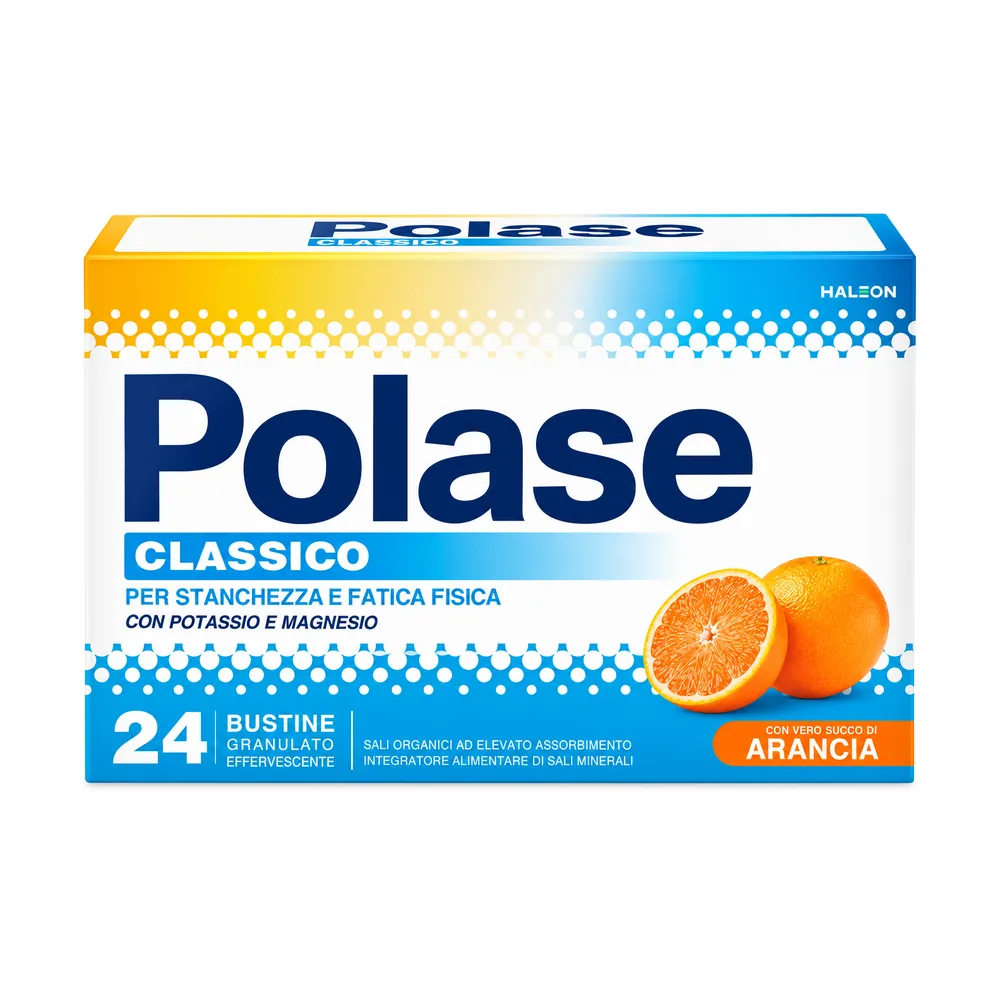 Polase Arancia, confezione da 24 bustine di integratore di magnesio e potassio.