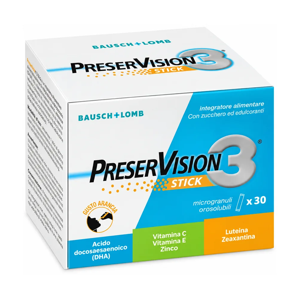 PreserVision 3 30 stick orosolubili con luteina, zeaxantina, omega-3 DHA e vitamine C ed E.
