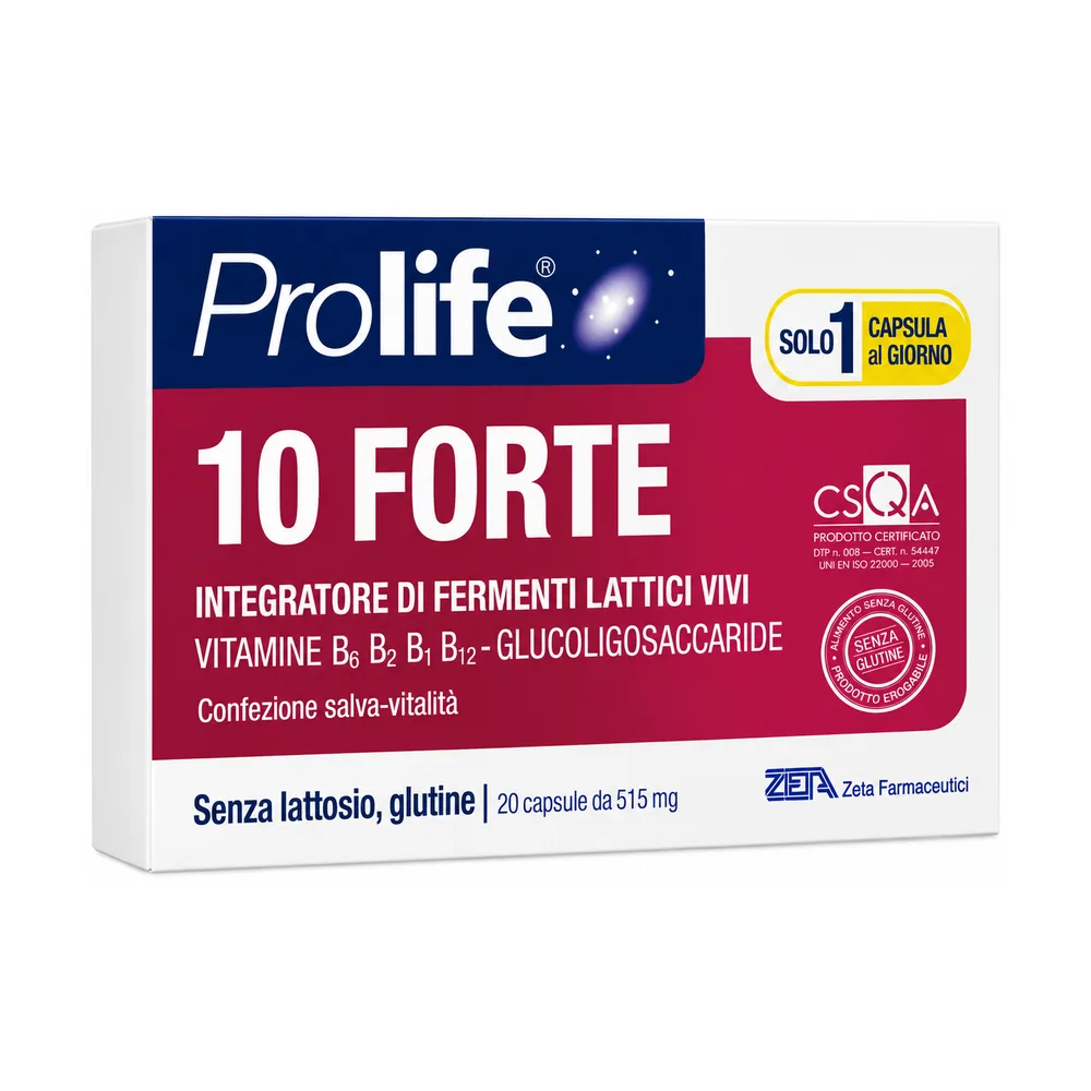Prolife 10 Forte 20 capsule, fermenti lattici vivi 10 ceppi con vitamine del gruppo B.