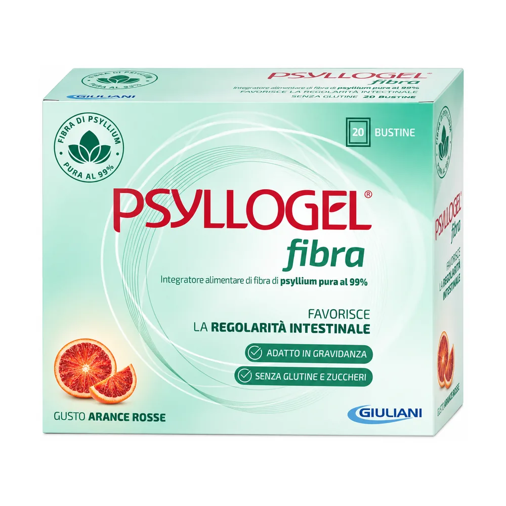 Psyllogel Fibra Arancia Rossa 20 bustine, integratore di fibra di psyllium Nathura.